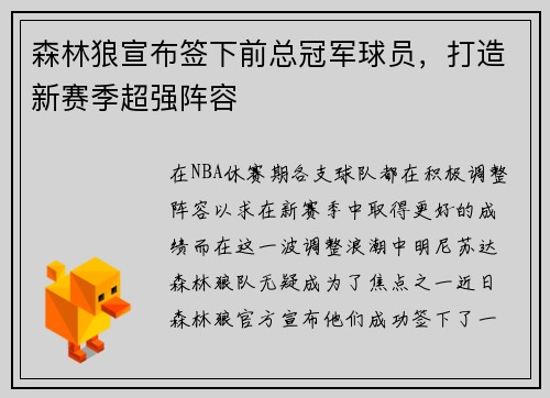 森林狼宣布签下前总冠军球员，打造新赛季超强阵容