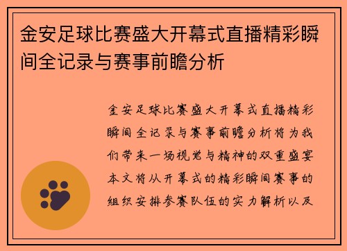 金安足球比赛盛大开幕式直播精彩瞬间全记录与赛事前瞻分析
